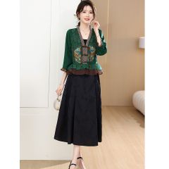 民族风刺绣V领套装裙女2024夏装时尚年轻复古改良汉服两件套